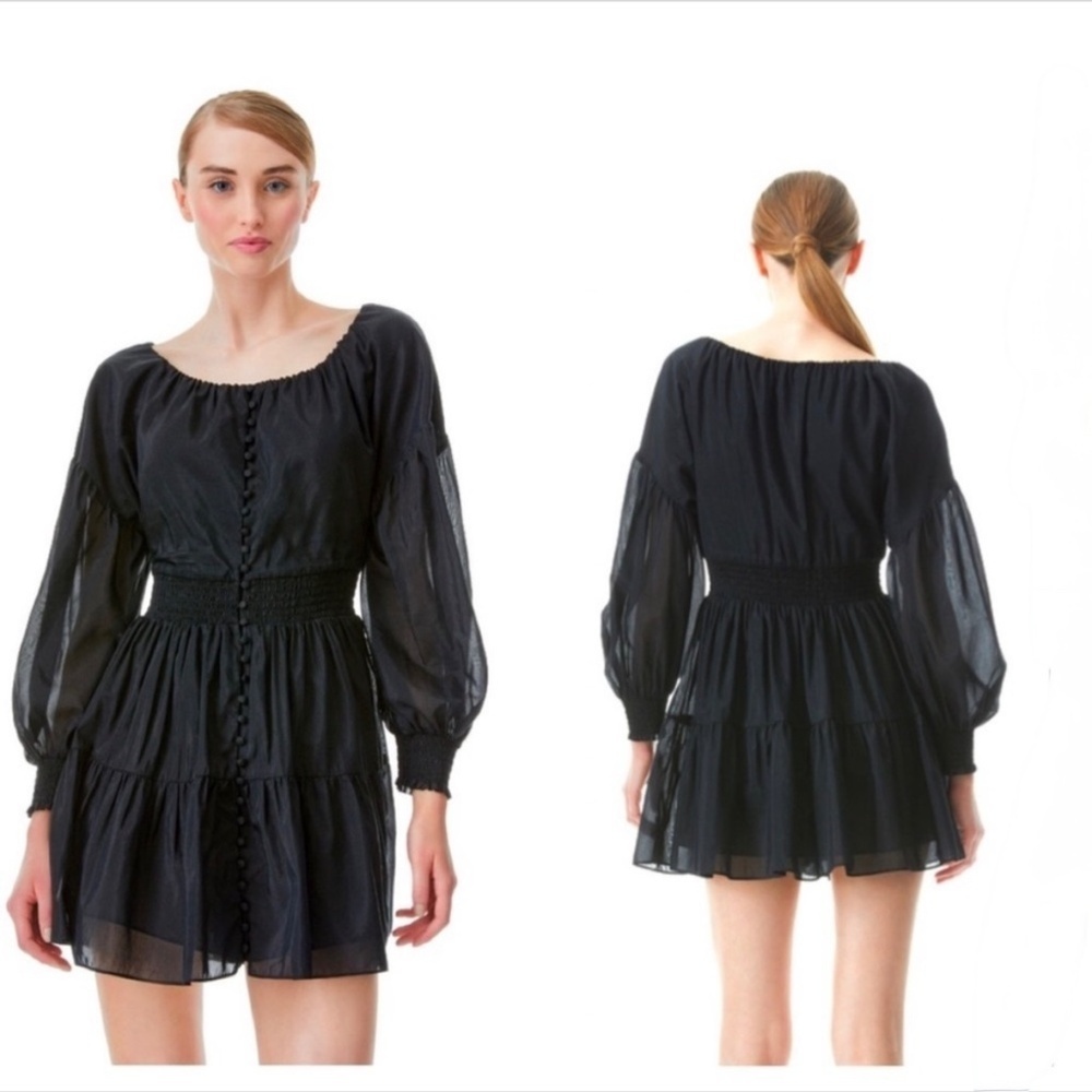 Alice + Olivia Kiara Dress Size 2 Black Smocked Waist Mini Button